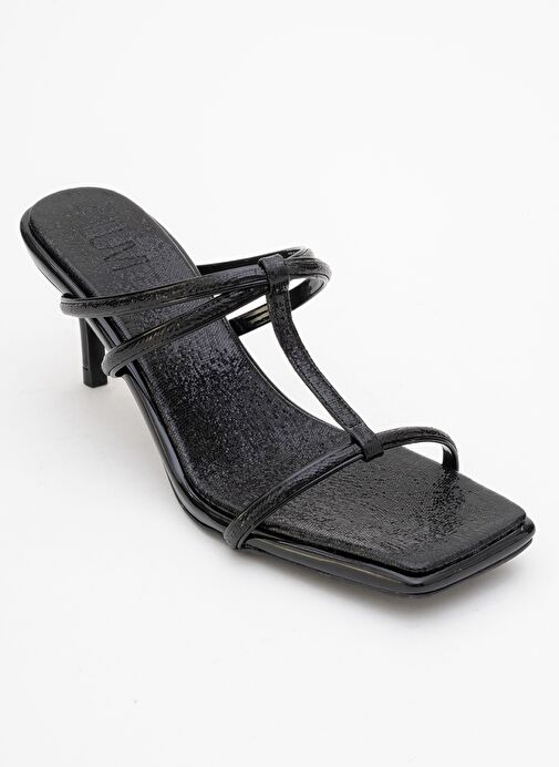 MOCHA Siyah Desenli Kare Burunlu İnce Bantlı Kadın Topuklu Terlik - Görsel 4