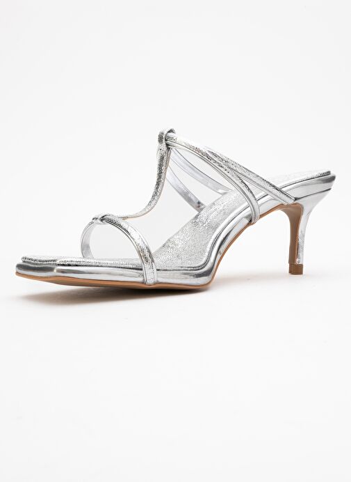 MOCHA Gümüş Desenli Kare Burunlu İnce Bantlı Kadın Topuklu Terlik - Görsel 5