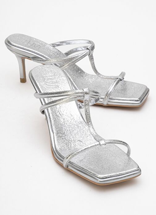 MOCHA Gümüş Desenli Kare Burunlu İnce Bantlı Kadın Topuklu Terlik - Görsel 2