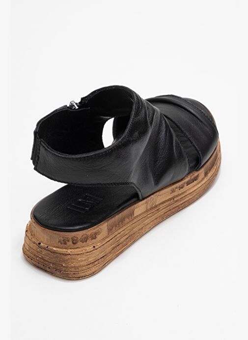 LUNAS Siyah Hakiki Deri Yandan Fermuarlı Kadın Sandalet - Görsel 6