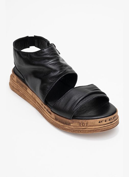 LUNAS Siyah Hakiki Deri Yandan Fermuarlı Kadın Sandalet - Görsel 4