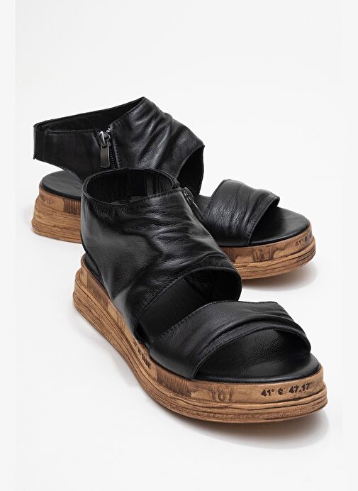 LUNAS Siyah Hakiki Deri Yandan Fermuarlı Kadın Sandalet - Görsel 2