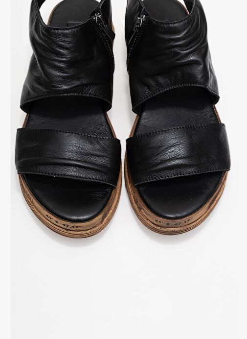 LUNAS Siyah Hakiki Deri Yandan Fermuarlı Kadın Sandalet - Görsel 3