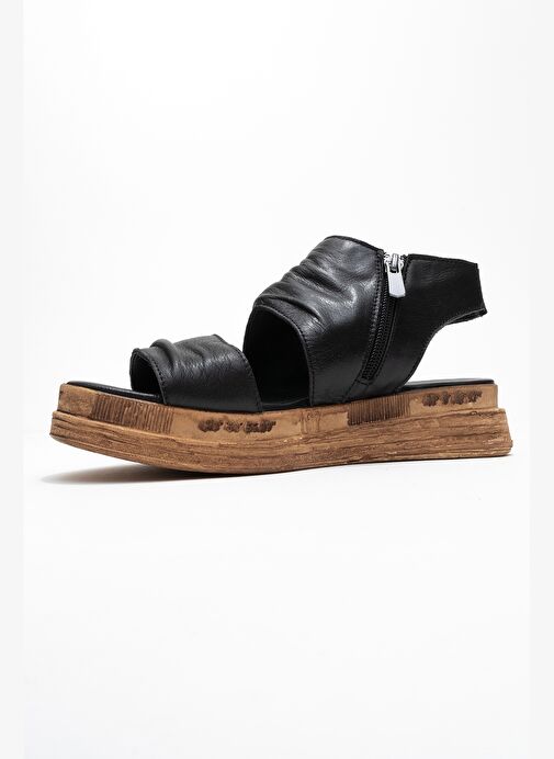 LUNAS Siyah Hakiki Deri Yandan Fermuarlı Kadın Sandalet - Görsel 5