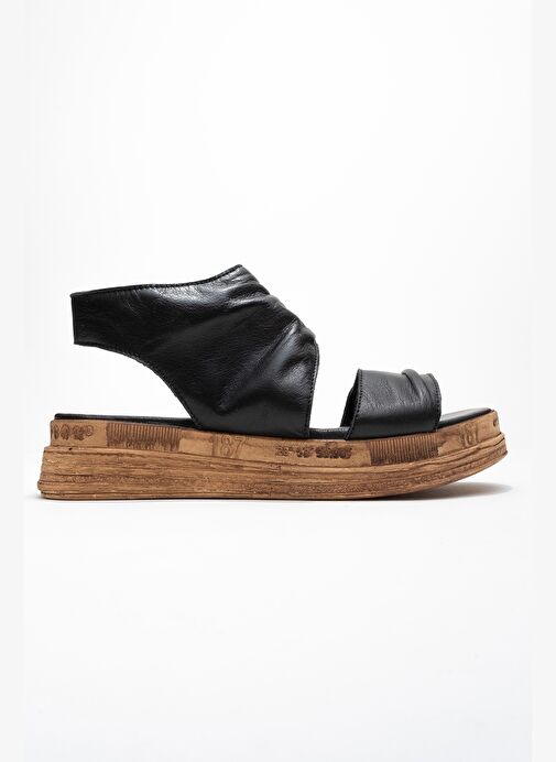 LUNAS Siyah Hakiki Deri Yandan Fermuarlı Kadın Sandalet - Görsel 7