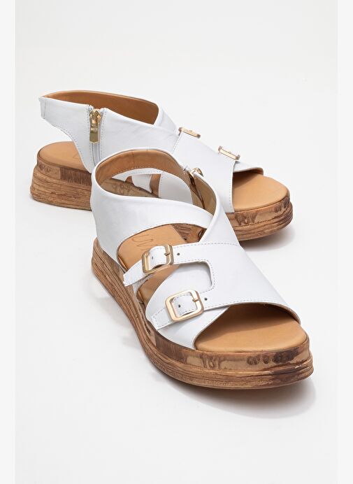LEVINE Beyaz Hakiki Deri Tokalı Yandan Fermuarlı Kadın Sandalet - Görsel 2