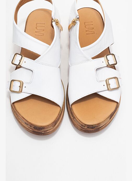 LEVINE Beyaz Hakiki Deri Tokalı Yandan Fermuarlı Kadın Sandalet - Görsel 3