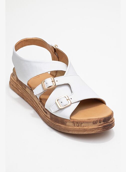 LEVINE Beyaz Hakiki Deri Tokalı Yandan Fermuarlı Kadın Sandalet - Görsel 4