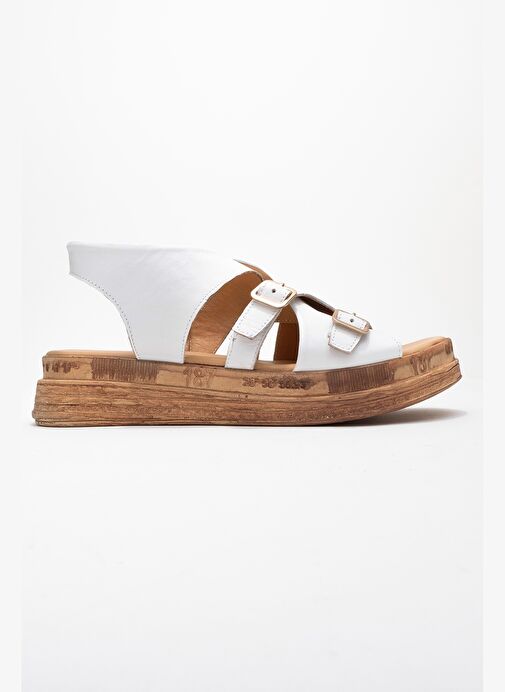 LEVINE Beyaz Hakiki Deri Tokalı Yandan Fermuarlı Kadın Sandalet - Görsel 7