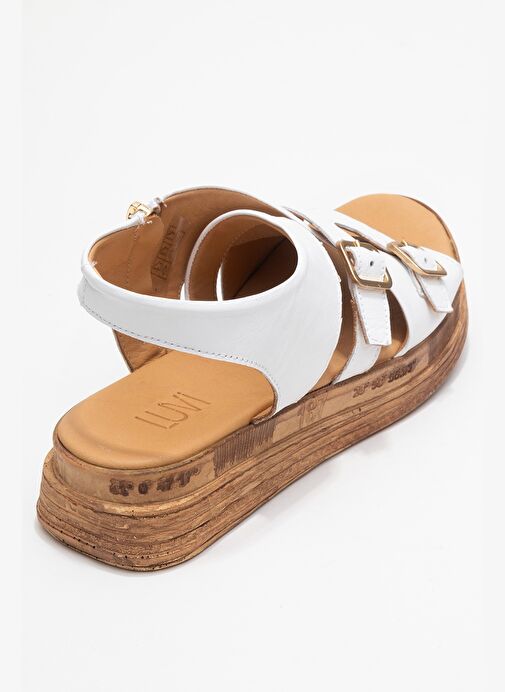 LEVINE Beyaz Hakiki Deri Tokalı Yandan Fermuarlı Kadın Sandalet - Görsel 6