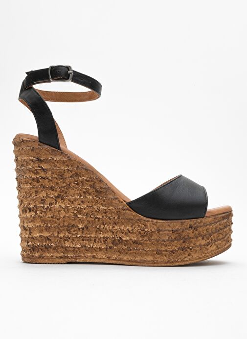 ELSIE Siyah Cilt Hakiki Deri Kadın Dolgu Topuklu Sandalet - Görsel 7