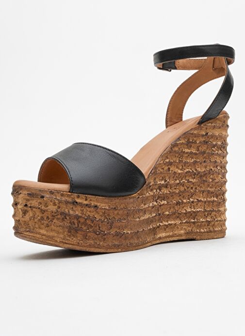 ELSIE Siyah Cilt Hakiki Deri Kadın Dolgu Topuklu Sandalet - Görsel 5