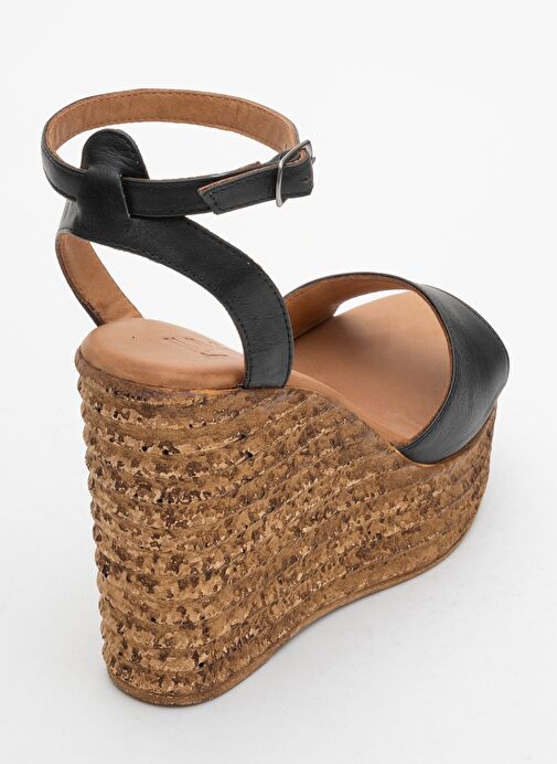 ELSIE Siyah Cilt Hakiki Deri Kadın Dolgu Topuklu Sandalet - Görsel 6