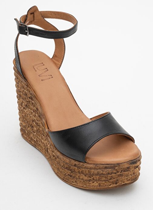 ELSIE Siyah Cilt Hakiki Deri Kadın Dolgu Topuklu Sandalet - Görsel 4