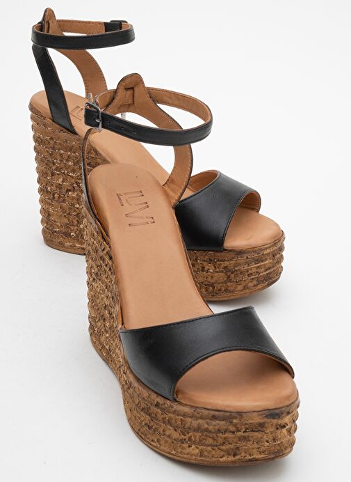 ELSIE Siyah Cilt Hakiki Deri Kadın Dolgu Topuklu Sandalet - Görsel 2