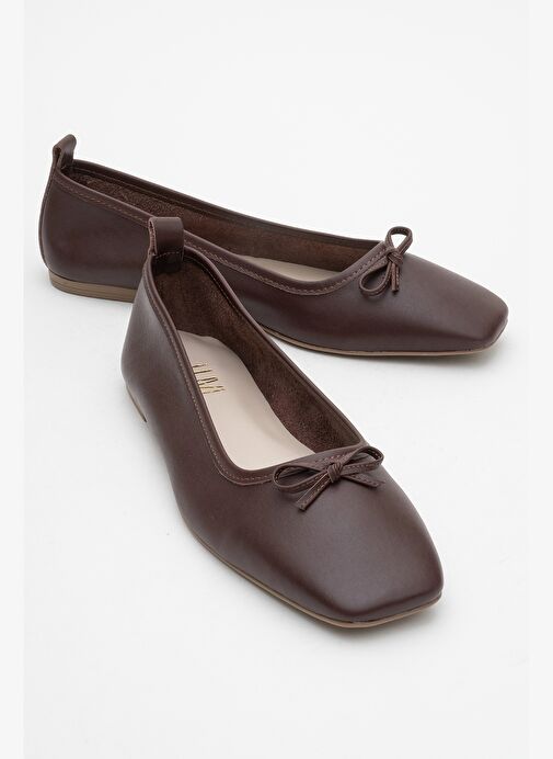 SOSA Kahverengi Cilt Hakiki Deri Küt Burunlu Fiyonklu Kadın Babet Ayakkabı - Görsel 2