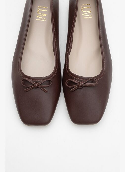 SOSA Kahverengi Cilt Hakiki Deri Küt Burunlu Fiyonklu Kadın Babet Ayakkabı - Görsel 3