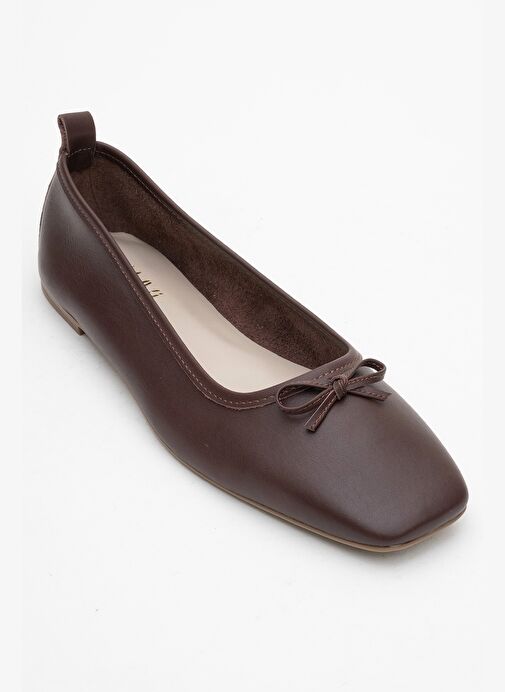 SOSA Kahverengi Cilt Hakiki Deri Küt Burunlu Fiyonklu Kadın Babet Ayakkabı - Görsel 4