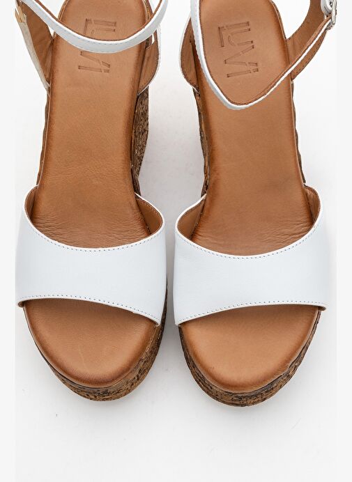 ELSIE Beyaz Cilt Hakiki Deri Kadın Dolgu Topuklu Sandalet - Görsel 3