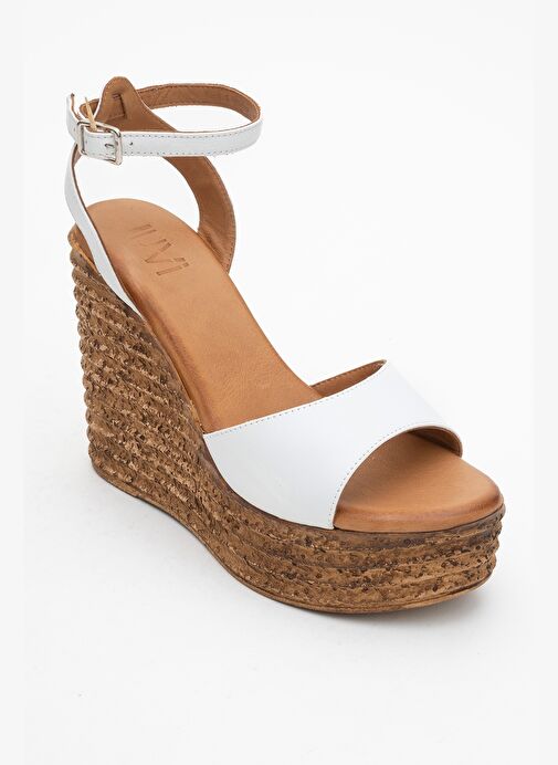 ELSIE Beyaz Cilt Hakiki Deri Kadın Dolgu Topuklu Sandalet - Görsel 4