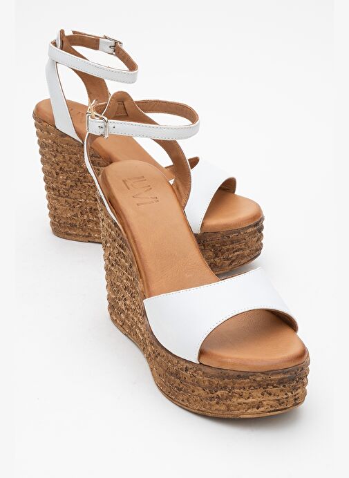 ELSIE Beyaz Cilt Hakiki Deri Kadın Dolgu Topuklu Sandalet - Görsel 2