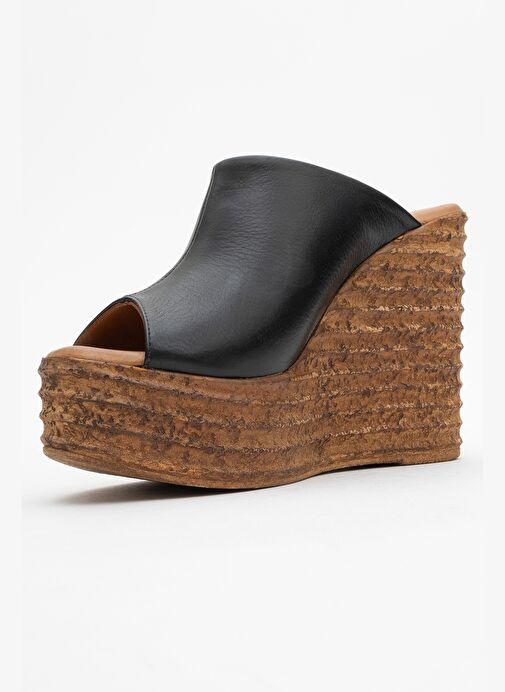 NELLY Siyah Cilt Hakiki Deri Kadın Dolgu Topuklu Terlik - Görsel 5