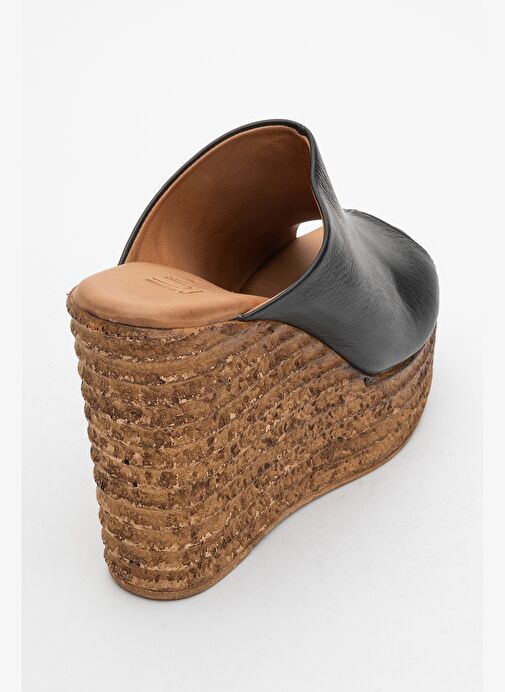 NELLY Siyah Cilt Hakiki Deri Kadın Dolgu Topuklu Terlik - Görsel 6