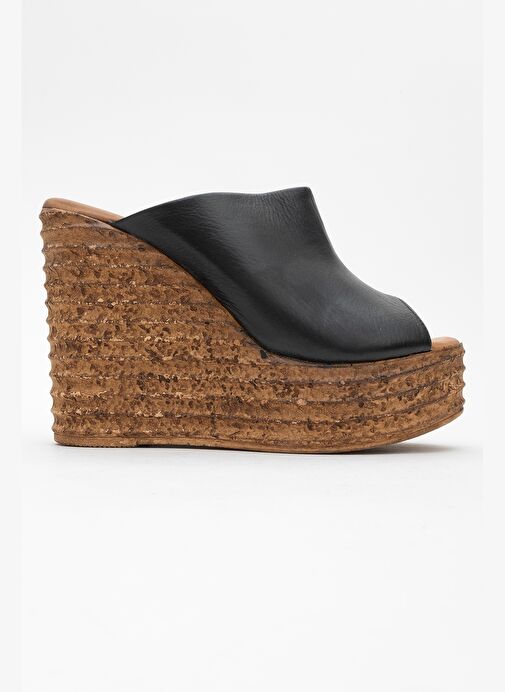 NELLY Siyah Cilt Hakiki Deri Kadın Dolgu Topuklu Terlik - Görsel 7