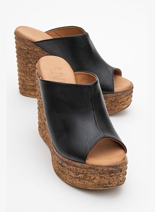 NELLY Siyah Cilt Hakiki Deri Kadın Dolgu Topuklu Terlik - Görsel 2