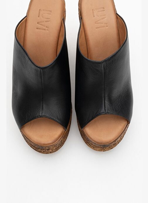 NELLY Siyah Cilt Hakiki Deri Kadın Dolgu Topuklu Terlik - Görsel 3