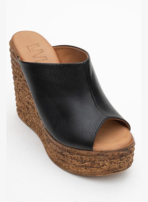 NELLY Siyah Cilt Hakiki Deri Kadın Dolgu Topuklu Terlik - Görsel 4