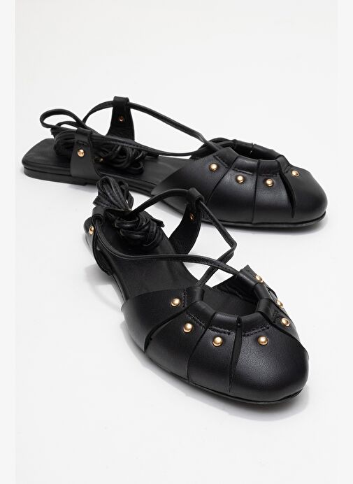 DARIA Siyah Hakiki Deri Troklu Bilekten Bağcıklı Kadın Sandalet - Görsel 2