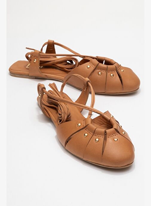 DARIA Taba Hakiki Deri Troklu Bilekten Bağcıklı Kadın Sandalet - Görsel 2