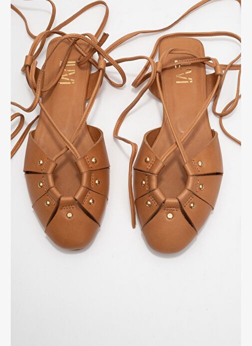 DARIA Taba Hakiki Deri Troklu Bilekten Bağcıklı Kadın Sandalet - Görsel 3