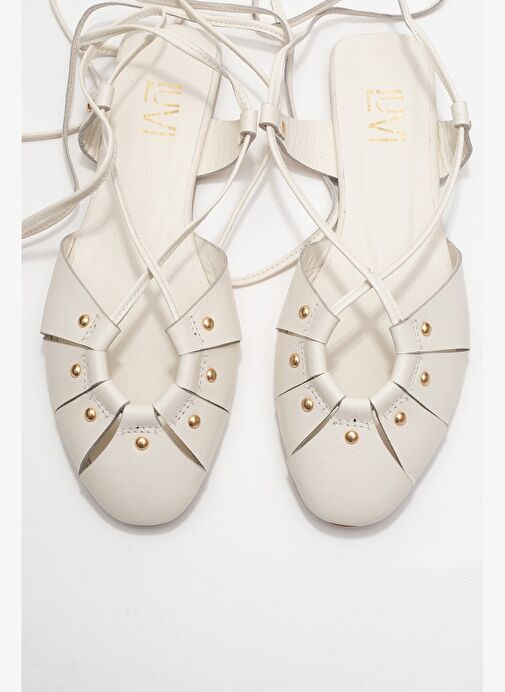 DARIA Ekru Hakiki Deri Troklu Bilekten Bağcıklı Kadın Sandalet - Görsel 3