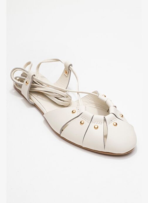 DARIA Ekru Hakiki Deri Troklu Bilekten Bağcıklı Kadın Sandalet - Görsel 4