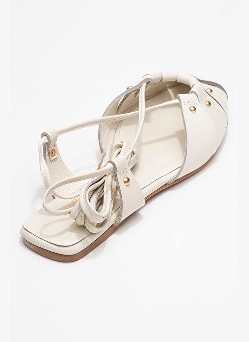 DARIA Ekru Hakiki Deri Troklu Bilekten Bağcıklı Kadın Sandalet - Görsel 6