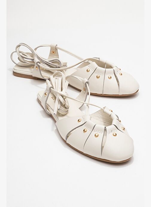 DARIA Ekru Hakiki Deri Troklu Bilekten Bağcıklı Kadın Sandalet - Görsel 2