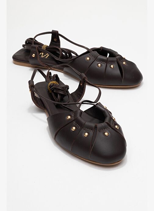 DARIA Kahverengi Hakiki Deri Troklu Bilekten Bağcıklı Kadın Sandalet - Görsel 2