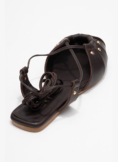 DARIA Kahverengi Hakiki Deri Troklu Bilekten Bağcıklı Kadın Sandalet - Görsel 6