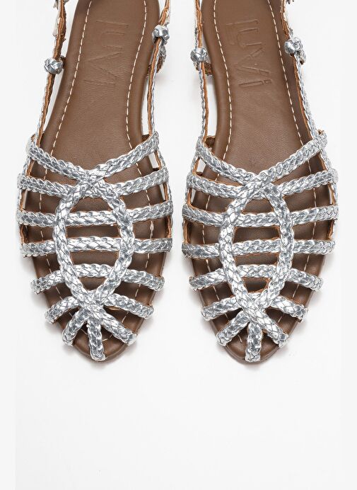 CLAUDIA Gümüş Örgü Kafes Tasarım Kadın Sandalet - Görsel 3