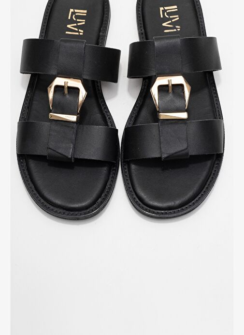 SVETA Siyah Cilt Tokalı Hakiki Deri Kadın Terlik - Görsel 3