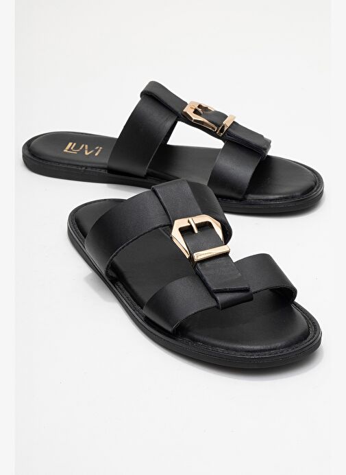 SVETA Siyah Cilt Tokalı Hakiki Deri Kadın Terlik - Görsel 2