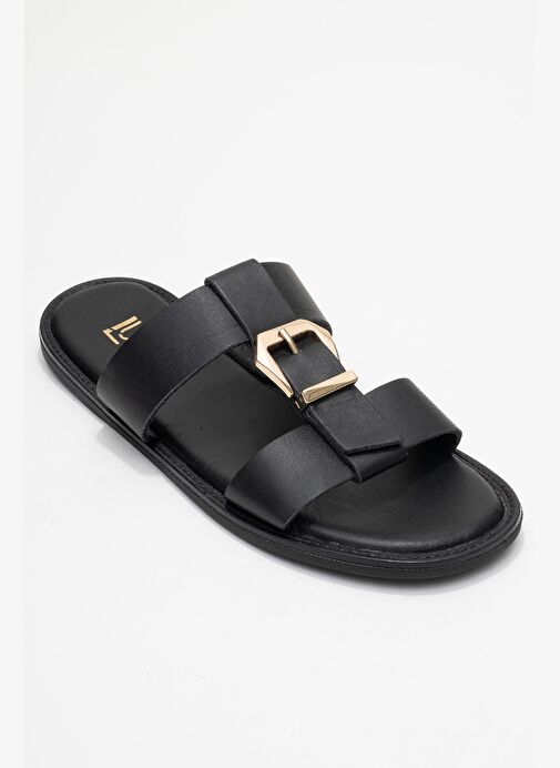 SVETA Siyah Cilt Tokalı Hakiki Deri Kadın Terlik - Görsel 4