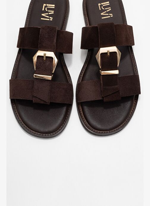 SVETA Kahverengi Süet Tokalı Hakiki Deri Kadın Terlik - Görsel 3