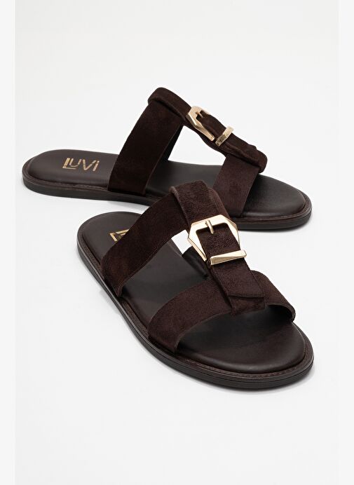 SVETA Kahverengi Süet Tokalı Hakiki Deri Kadın Terlik - Görsel 2