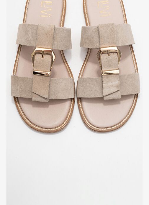 SVETA Bej Süet Tokalı Hakiki Deri Kadın Terlik - Görsel 3