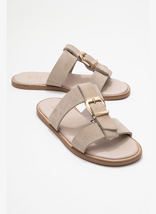 SVETA Bej Süet Tokalı Hakiki Deri Kadın Terlik - Görsel 2