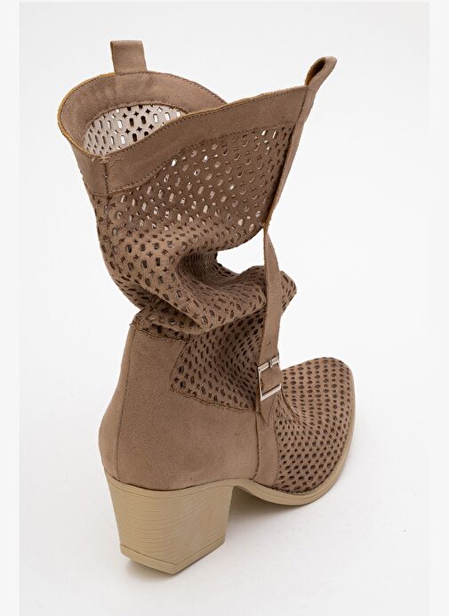 LARRY Koyu Bej Körüklü Kadın Kalın Topuklu Yazlık Çizme - Görsel 9