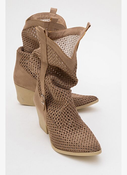 LARRY Koyu Bej Körüklü Kadın Kalın Topuklu Yazlık Çizme - Görsel 5